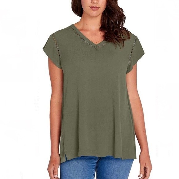 Buffalo David Bitton Olive green with embroidered lace detail top size medium - Picture 1 of 8